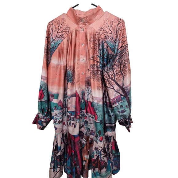 Button-Up Grama Core Plus Size Long-Sleeve Dress Country Winter Scene Print Ple - Picture 1 of 12